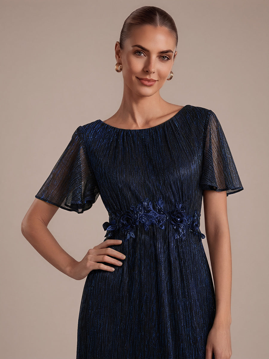 Lurex Tulle Shimmer Short Sleeve Evening Dress #color_Navy Blue