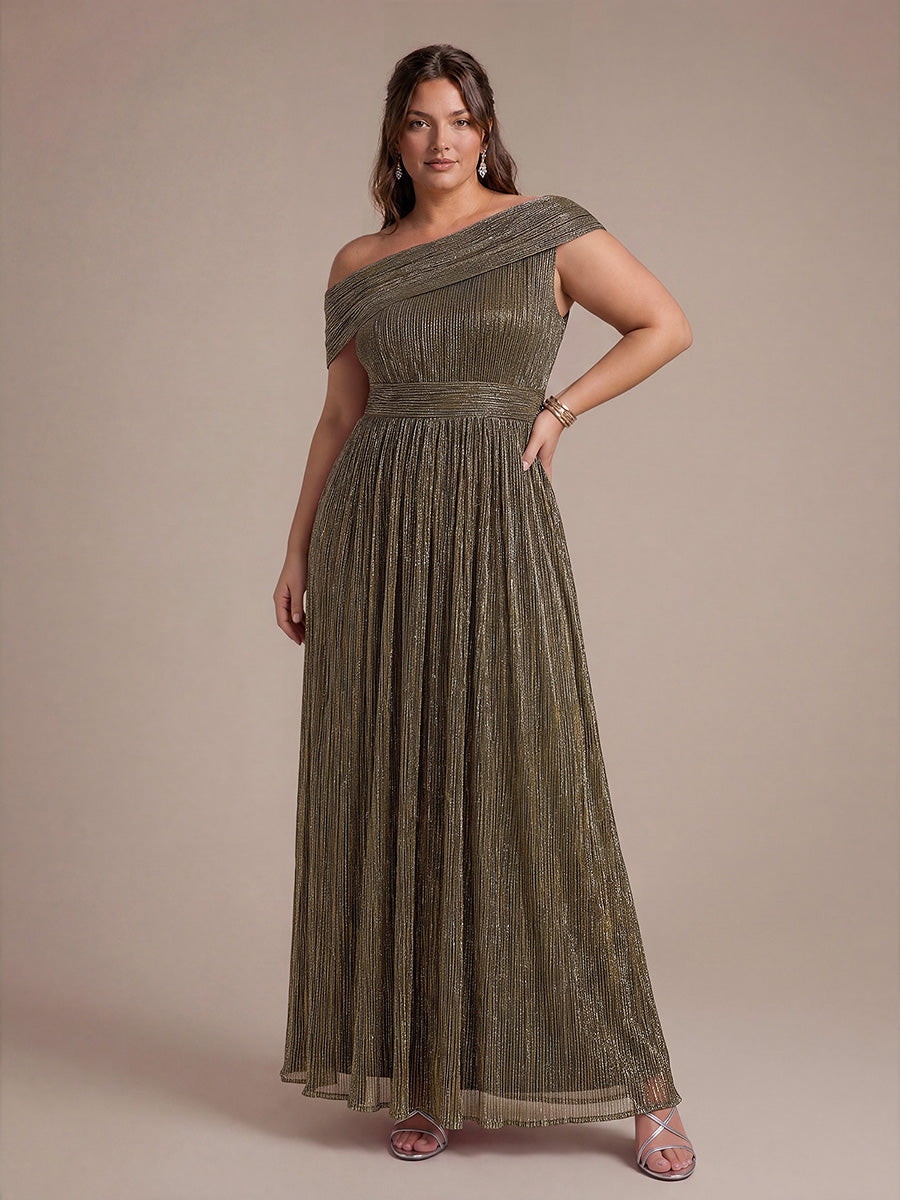 Plus Size Pleating Lurex Tulle Shimmer Sleeveless Evening Dress #color_Metallic Gold