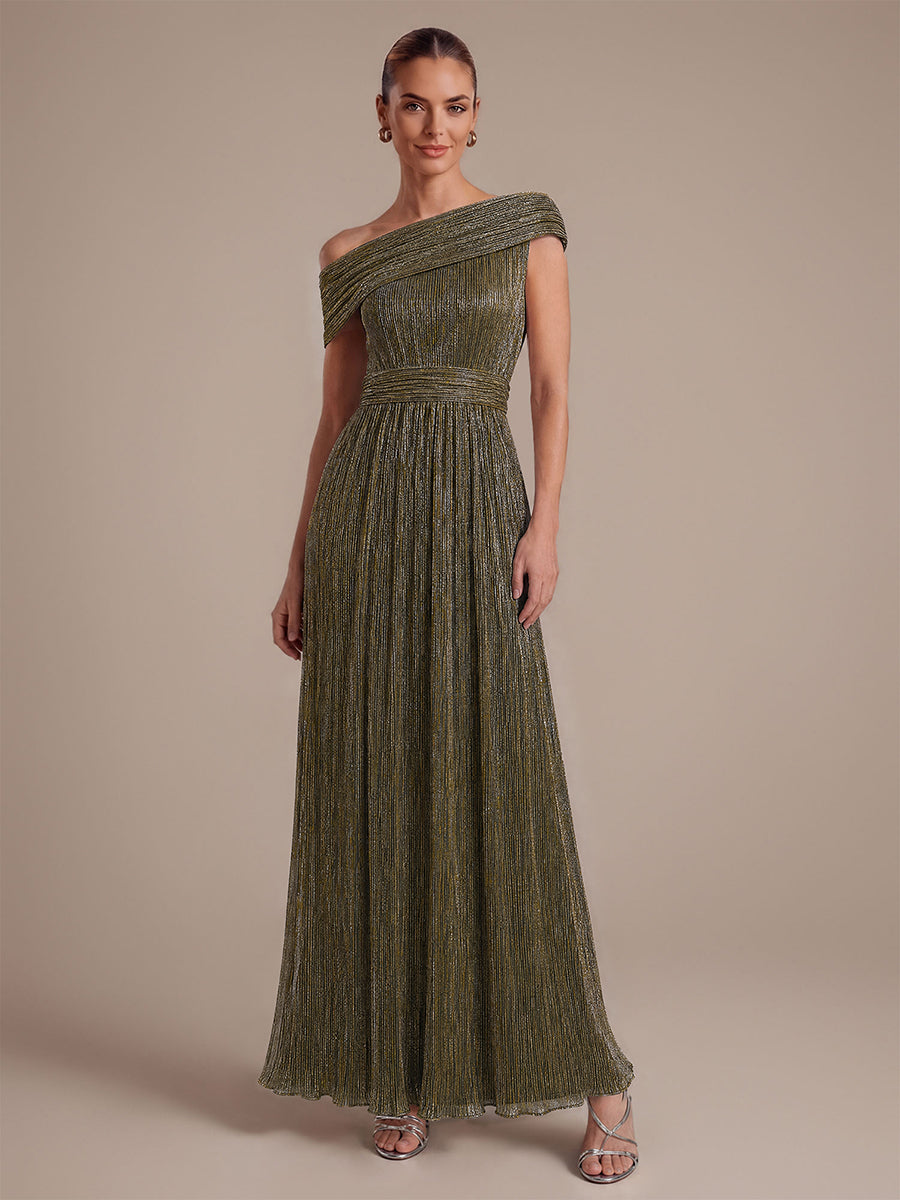 Pleating Lurex Tulle Shimmer Sleeveless Evening Dress #color_Metallic Gold
