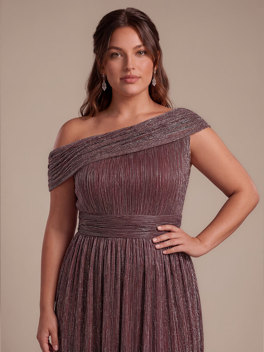 Plus Size Pleating Lurex Tulle Shimmer Sleeveless Evening Dress #color_Mahogany Brown