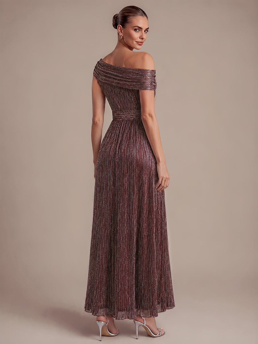 Pleating Lurex Tulle Shimmer Sleeveless Evening Dress #color_Mahogany Brown