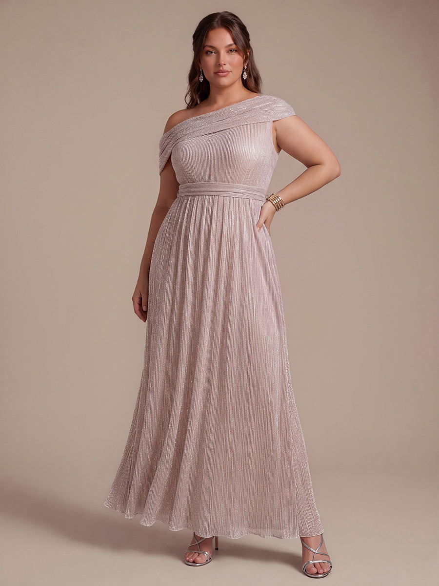 Plus Size Pleating Lurex Tulle Shimmer Sleeveless Evening Dress #color_Metallic Shimmer Pink