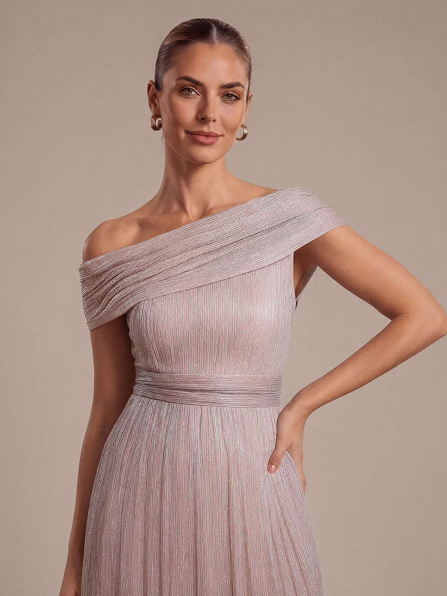 Pleating Lurex Tulle Shimmer Sleeveless Evening Dress #color_Pink