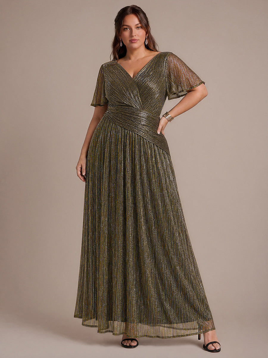 Plus Size Pleating Lurex Tulle Ruffle Sleeve Evening Dress #color_Metallic Gold
