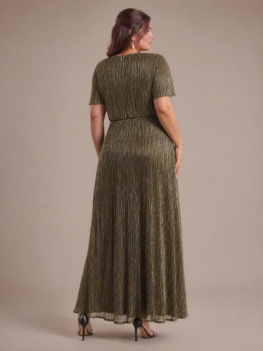 Plus Size Pleating Lurex Tulle Ruffle Sleeve Evening Dress #color_Metallic Gold