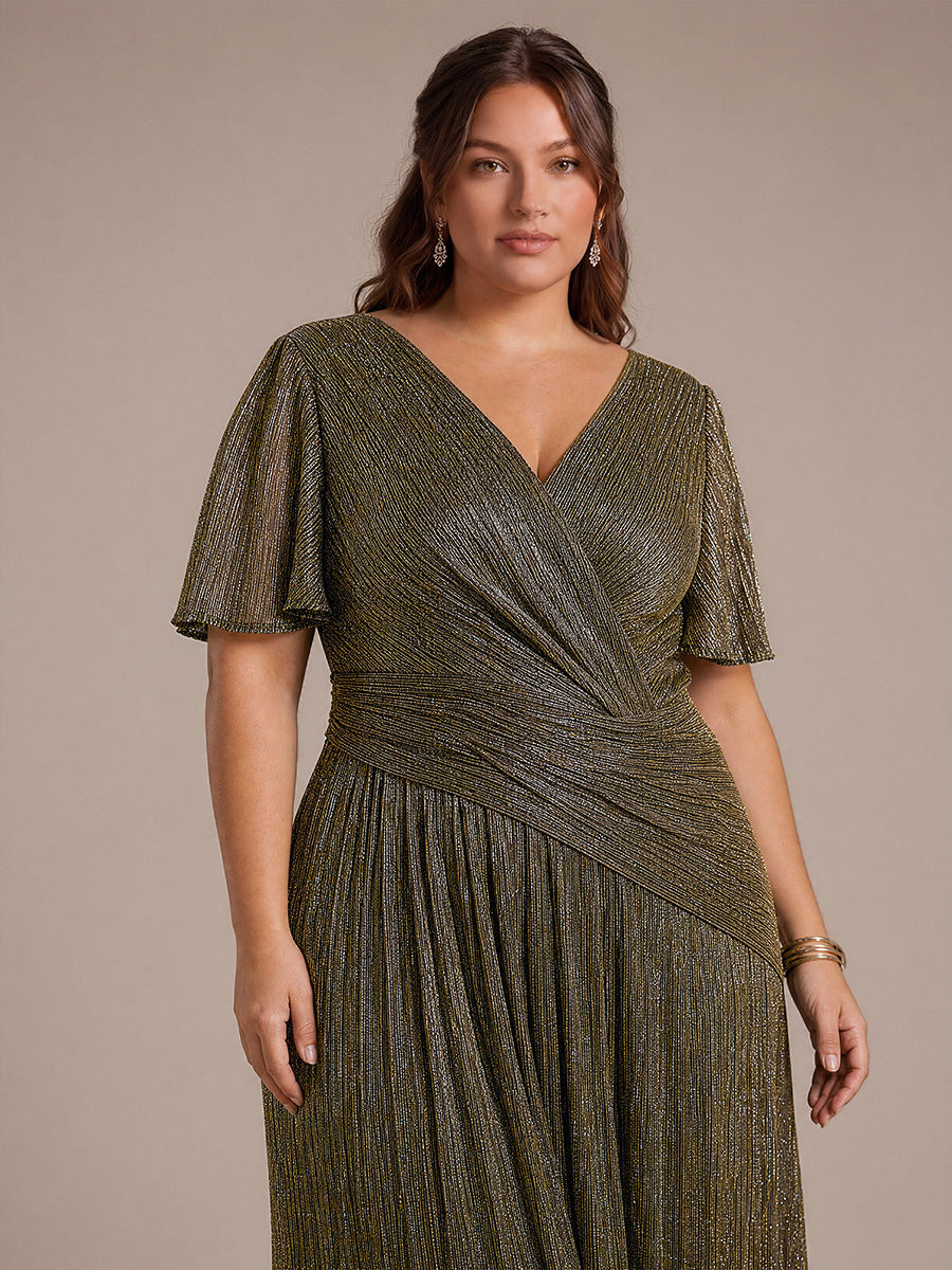 Plus Size Pleating Lurex Tulle Ruffle Sleeve Evening Dress #color_Metallic Gold