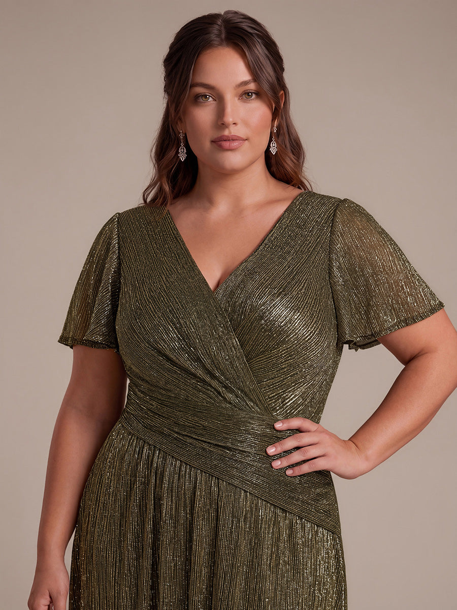 Plus Size Pleating Lurex Tulle Ruffle Sleeve Evening Dress #color_Metallic Gold