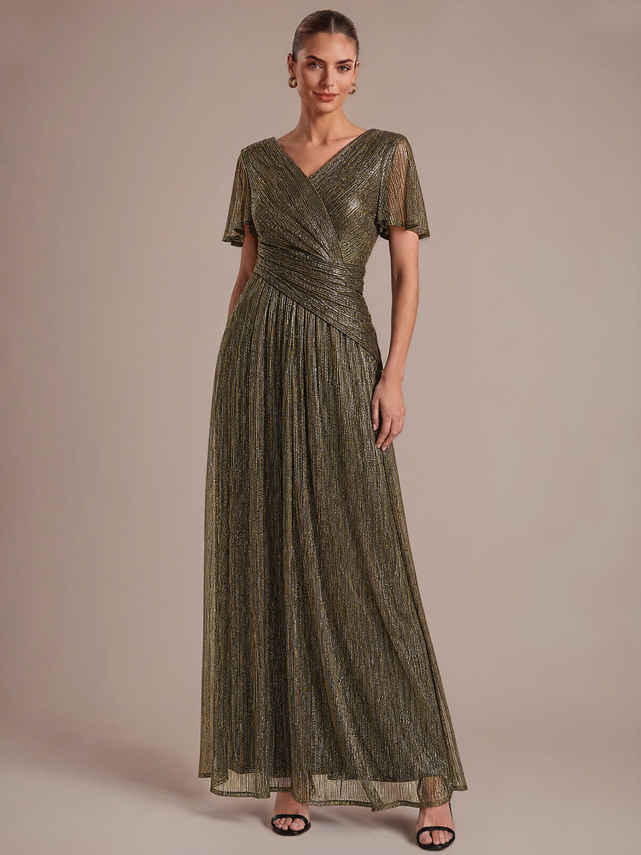 Pleating Lurex Tulle Shimmer Ruffle Sleeve Evening Dress #color_Metallic Gold