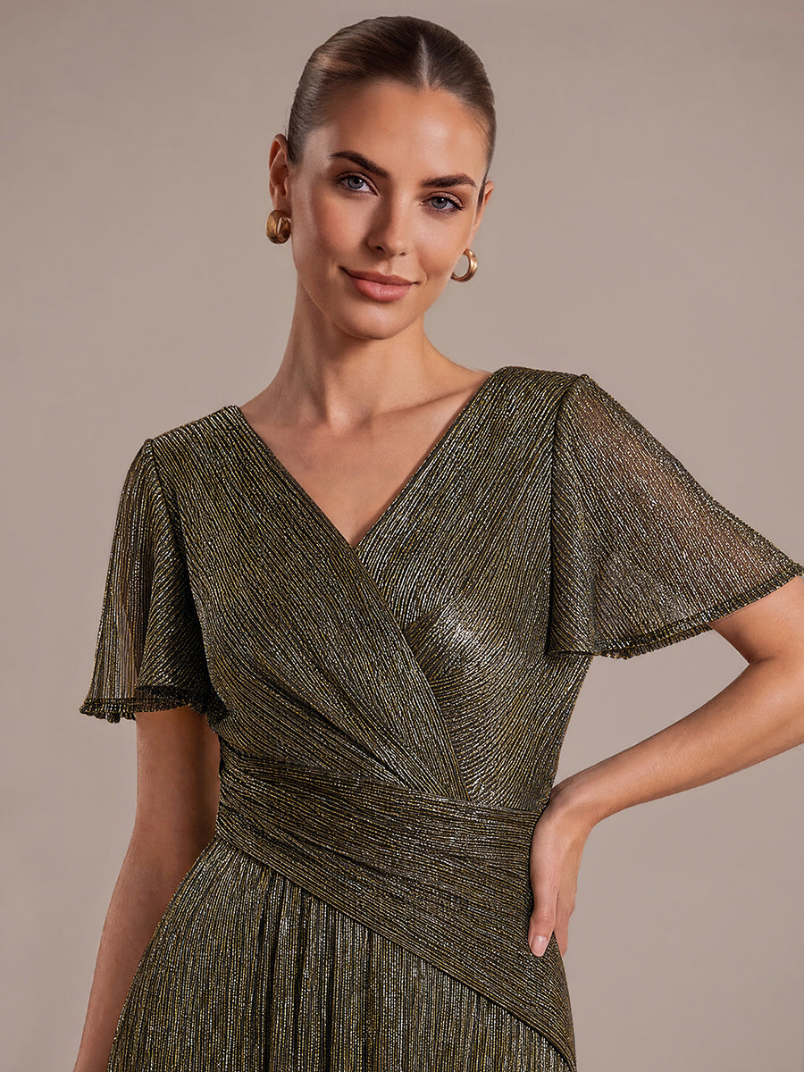 Pleating Lurex Tulle Shimmer Ruffle Sleeve Evening Dress #color_Metallic Gold