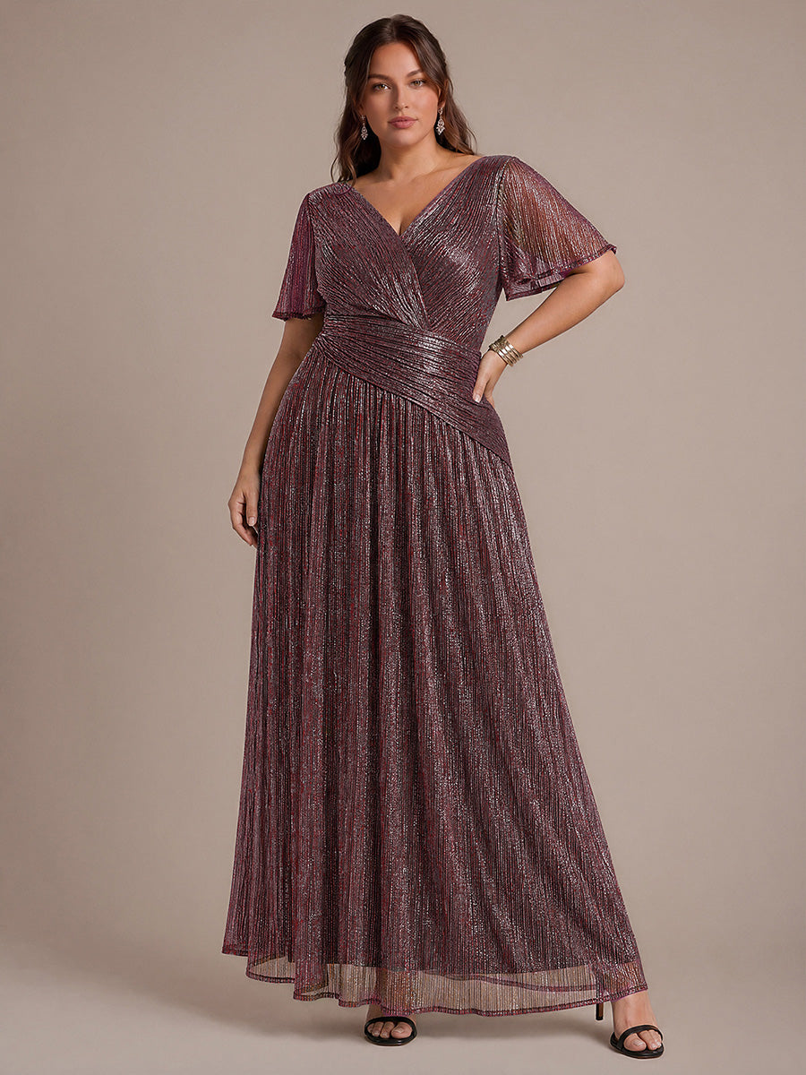 Plus Size Pleating Lurex Tulle Ruffle Sleeve Evening Dress #color_Mahogany Brown