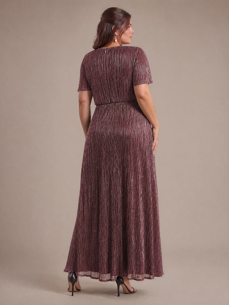 Plus Size Pleating Lurex Tulle Ruffle Sleeve Evening Dress #color_Mahogany Brown