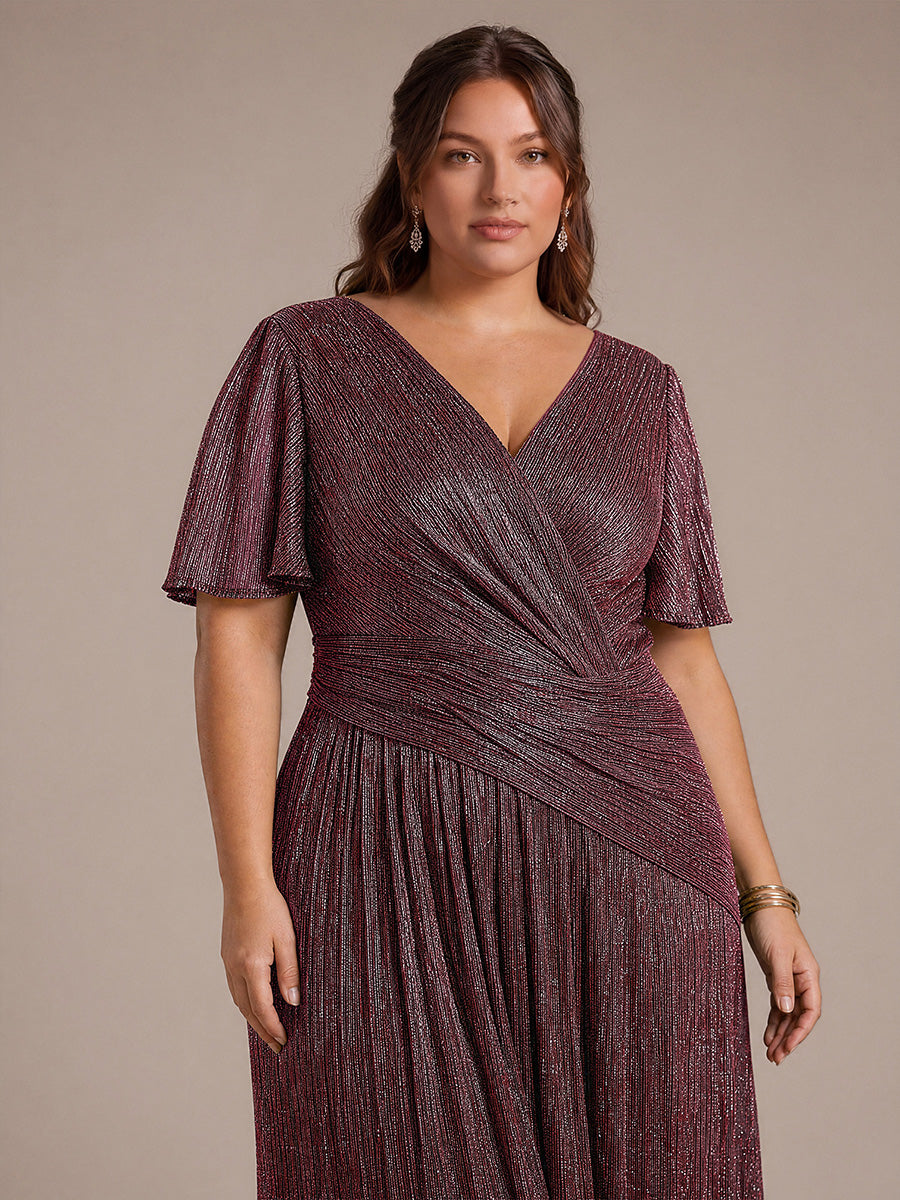 Plus Size Pleating Lurex Tulle Ruffle Sleeve Evening Dress #color_Mahogany Brown
