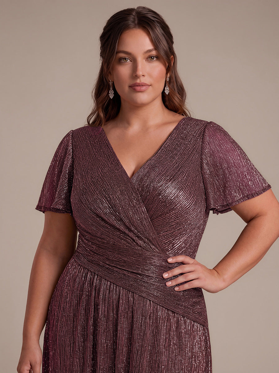 Plus Size Pleating Lurex Tulle Ruffle Sleeve Evening Dress #color_Mahogany Brown