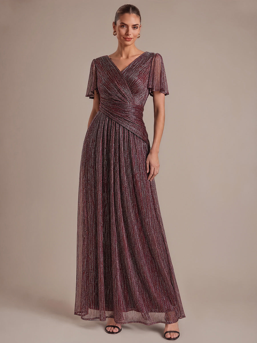 Pleating Lurex Tulle Shimmer Ruffle Sleeve Evening Dress #color_Mahogany Brown