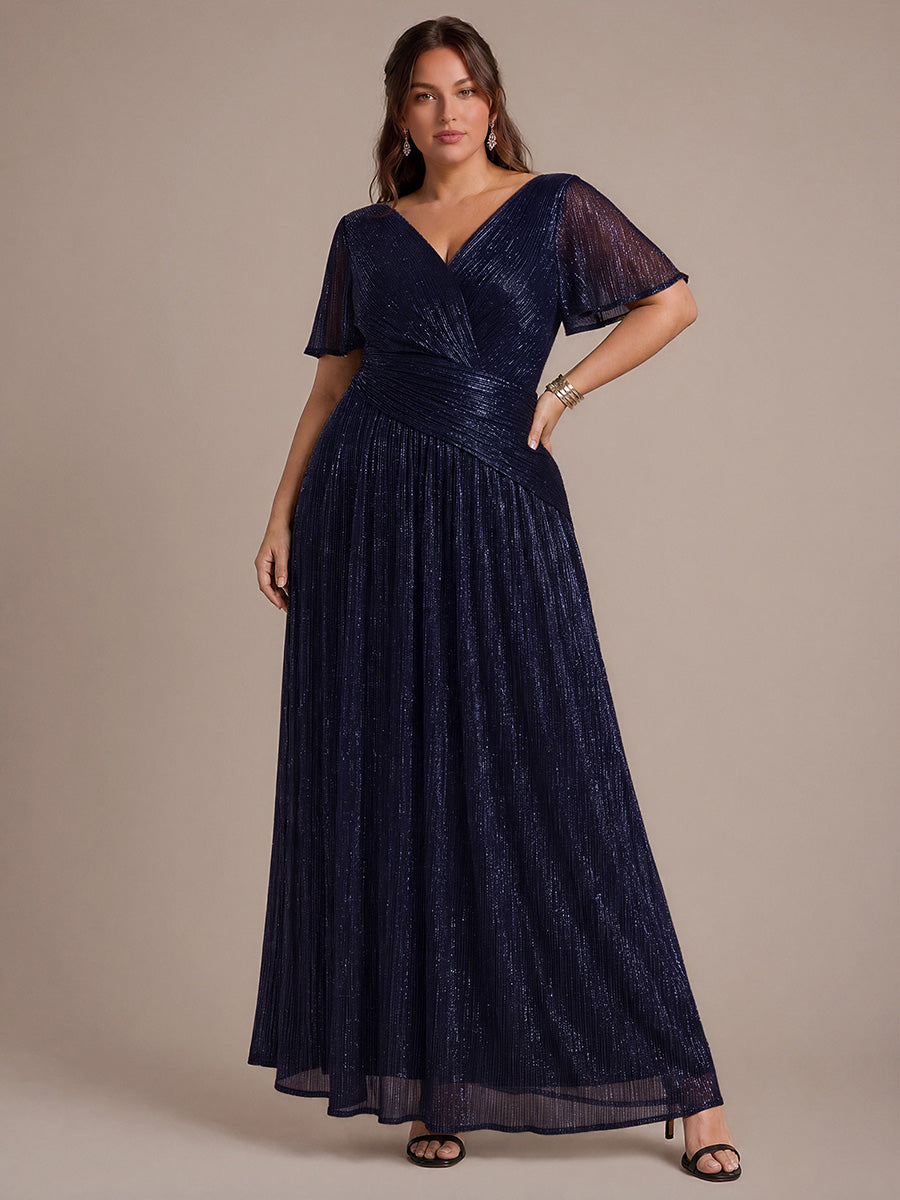 Plus Size Pleating Lurex Tulle Ruffle Sleeve Evening Dress #color_Navy Blue
