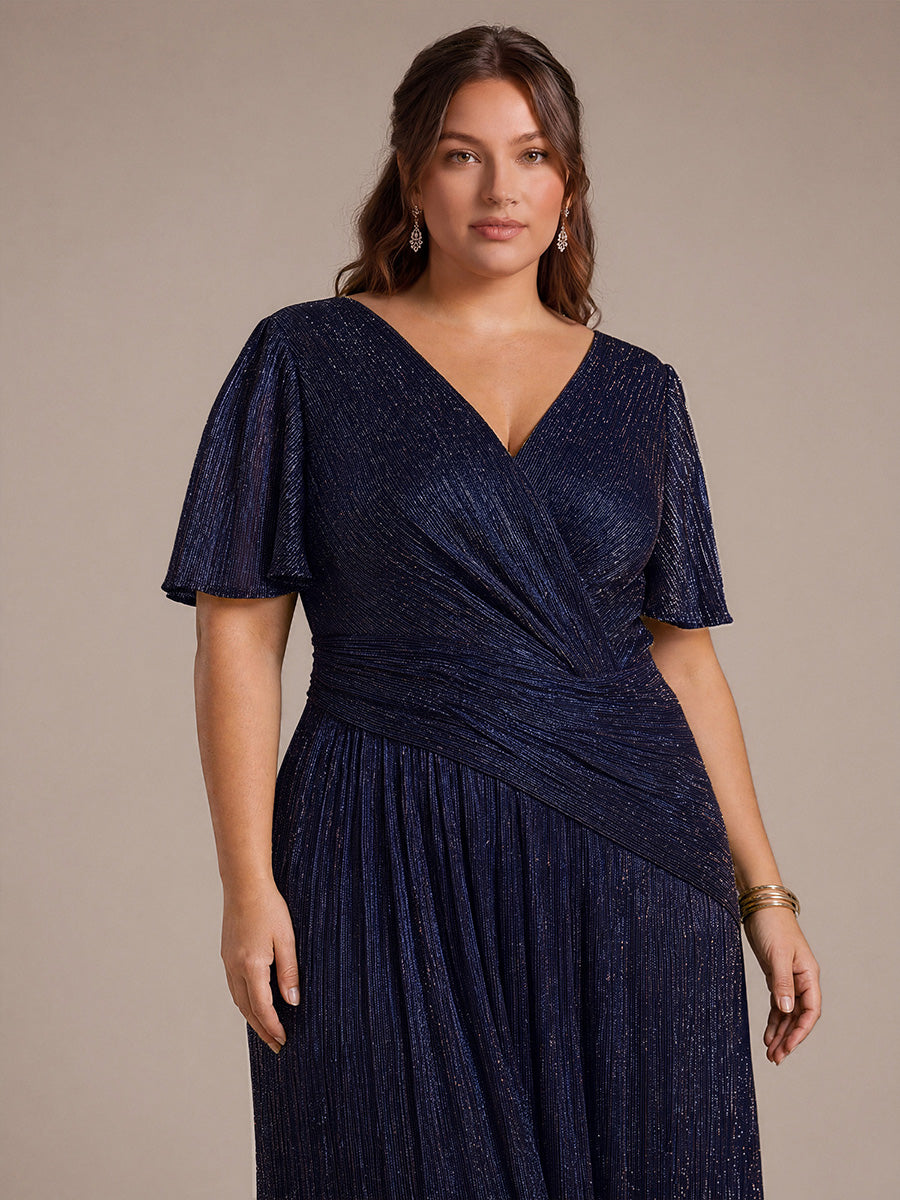 Plus Size Pleating Lurex Tulle Ruffle Sleeve Evening Dress #color_Navy Blue