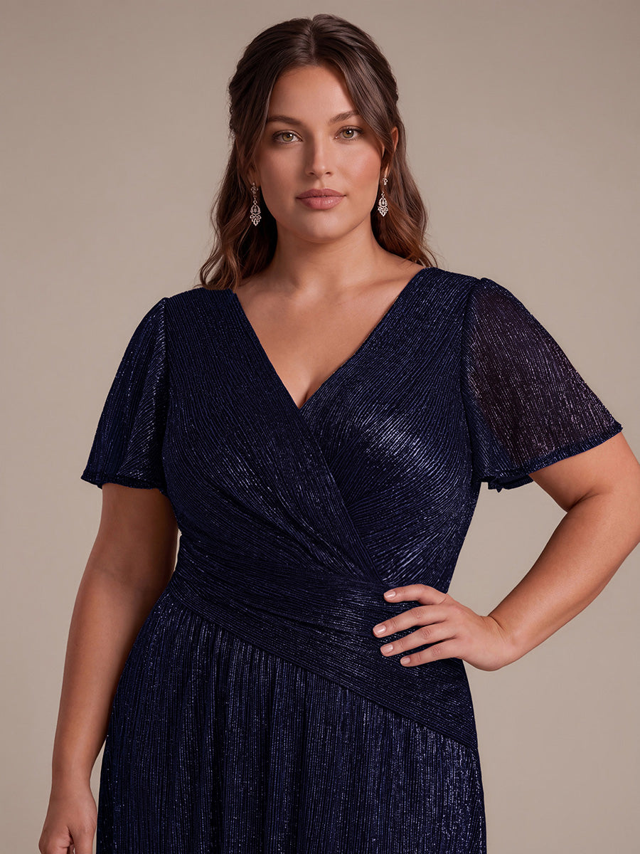 Plus Size Pleating Lurex Tulle Ruffle Sleeve Evening Dress #color_Navy Blue