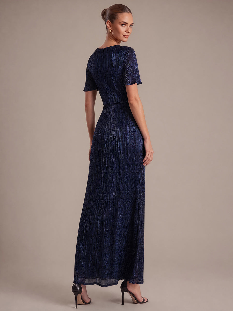 Pleating Lurex Tulle Shimmer Ruffle Sleeve Evening Dress #color_Navy Blue