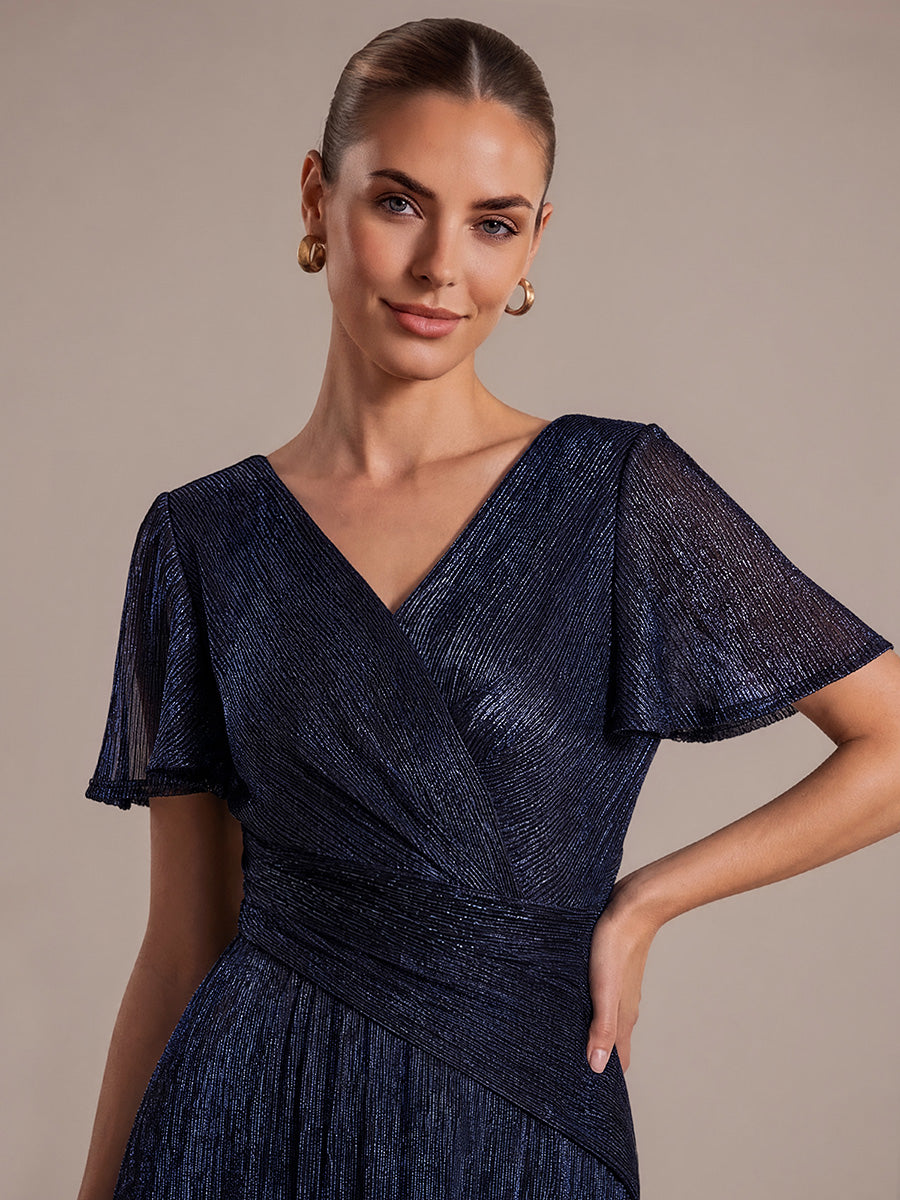 Pleating Lurex Tulle Shimmer Ruffle Sleeve Evening Dress #color_Navy Blue