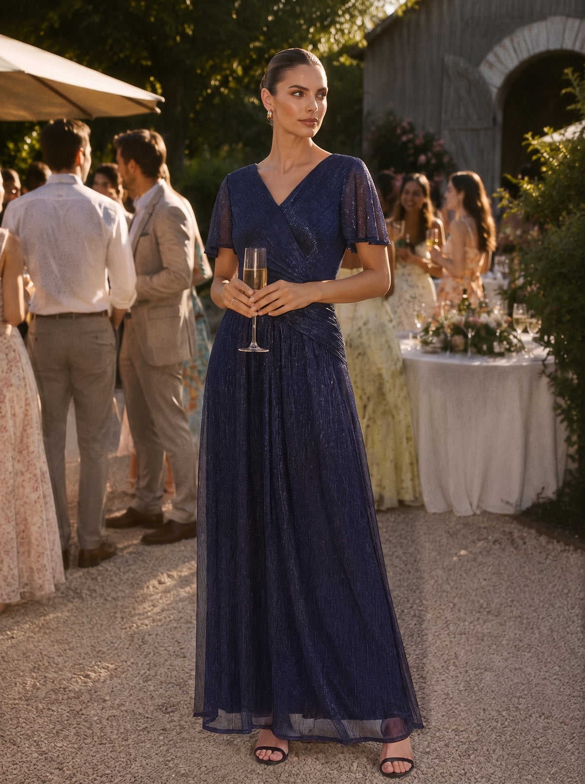 Pleating Lurex Tulle Shimmer Ruffle Sleeve Evening Dress #color_Navy Blue