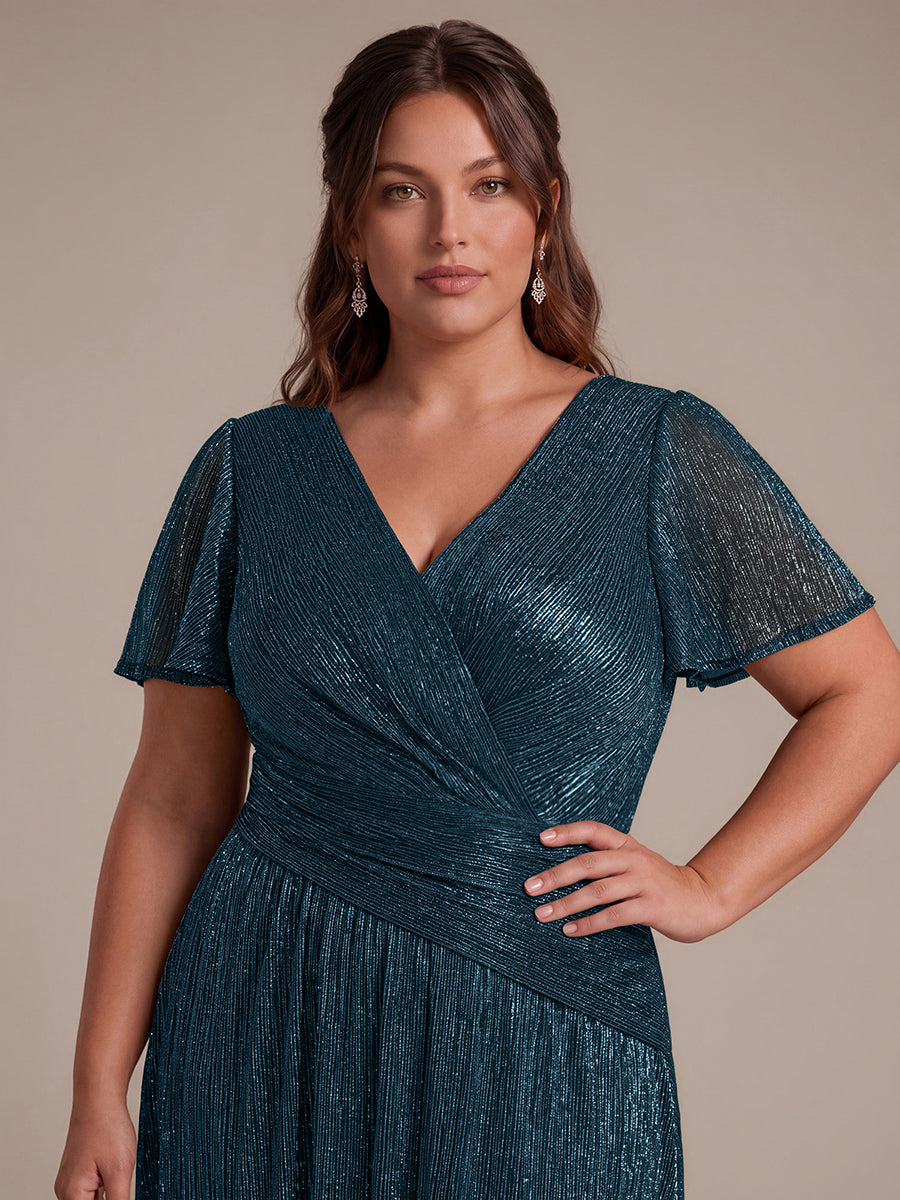 Plus Size Pleating Lurex Tulle Ruffle Sleeve Evening Dress #color_Teal Blue