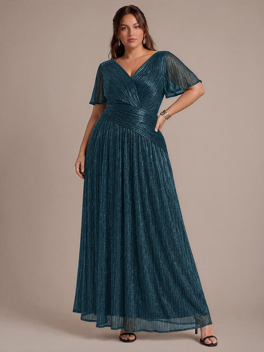 Plus Size Pleating Lurex Tulle Ruffle Sleeve Evening Dress #color_Teal Blue
