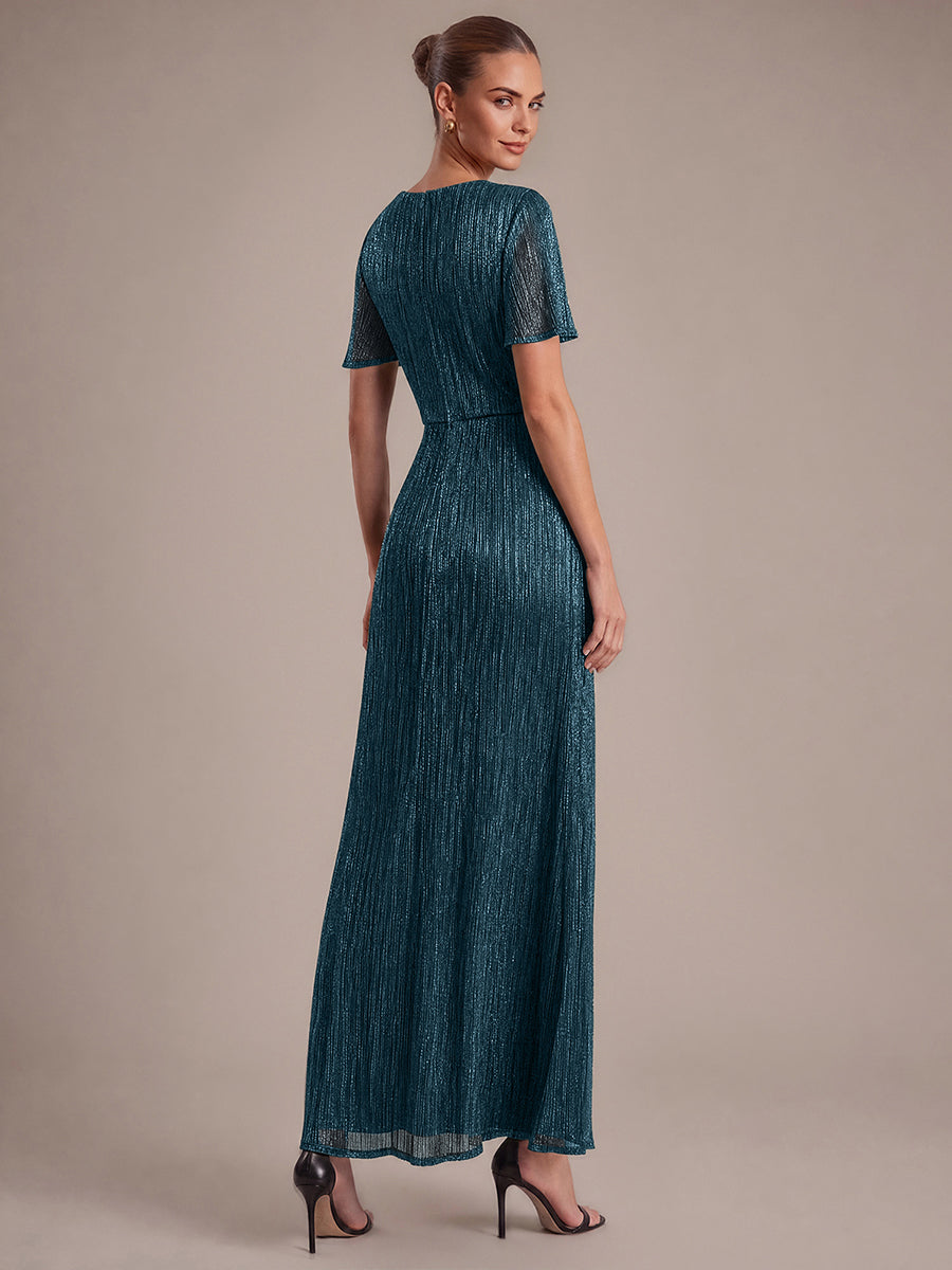 Pleating Lurex Tulle Shimmer Ruffle Sleeve Evening Dress #color_Teal Blue