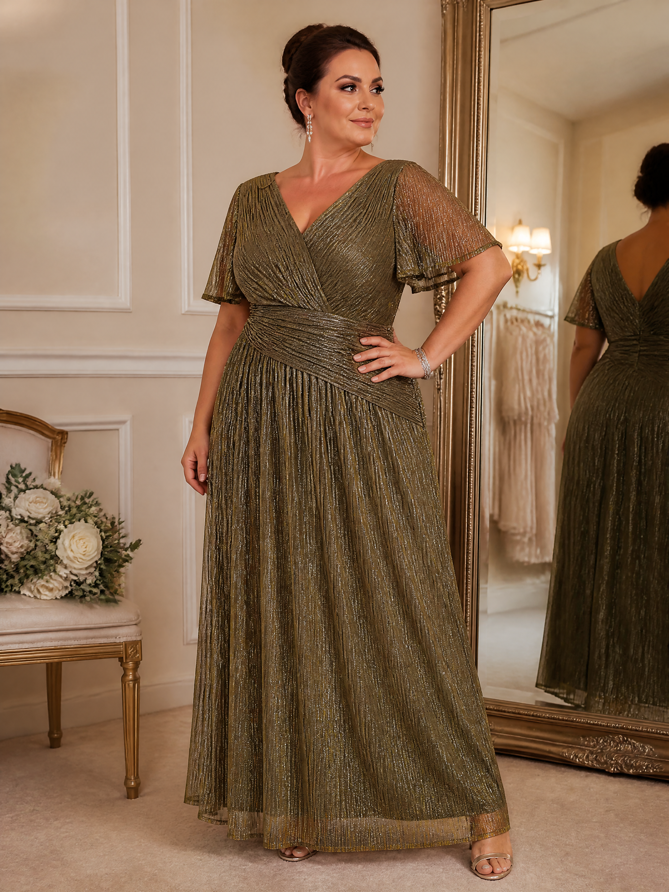 Plus Size Pleating Lurex Tulle Ruffle Sleeve Evening Dress #color_Metallic Gold