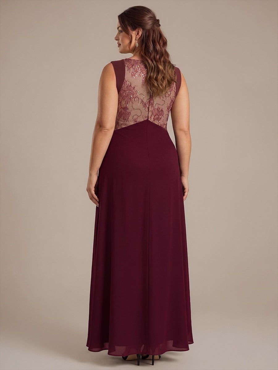 See-through Chiffon Sleeveless Evening Dress #color_Burgundy
