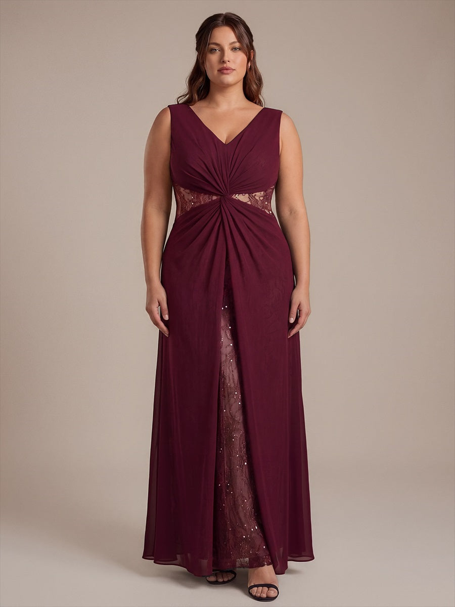 Plus Size Color-blocking Chiffon Evening Dress #color_Burgundy