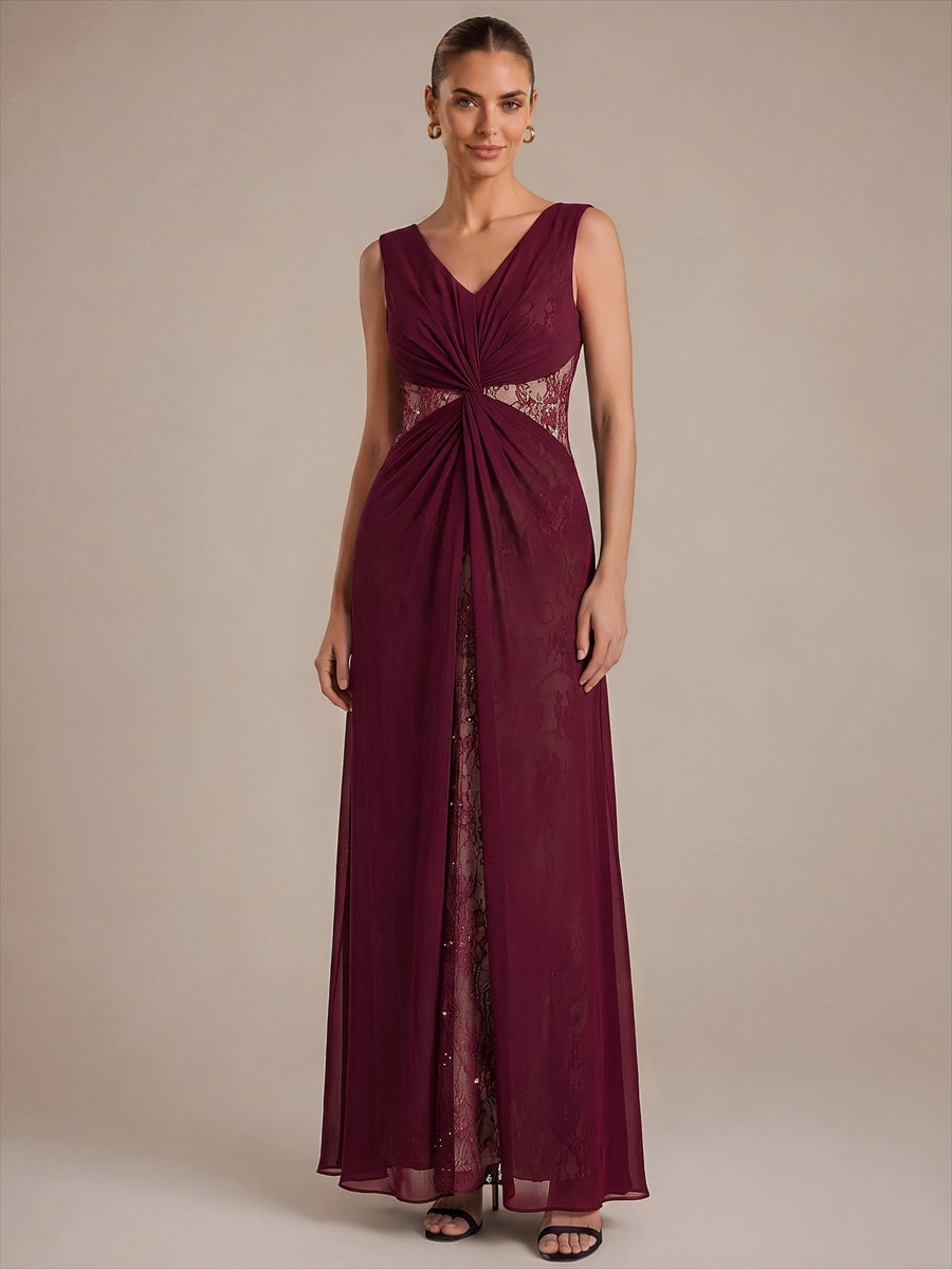 See-through Chiffon Sleeveless Evening Dress #color_Burgundy