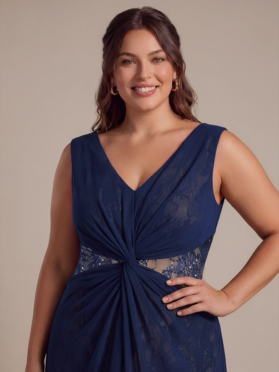 Plus Size Color-blocking Chiffon Evening Dress #color_Navy Blue