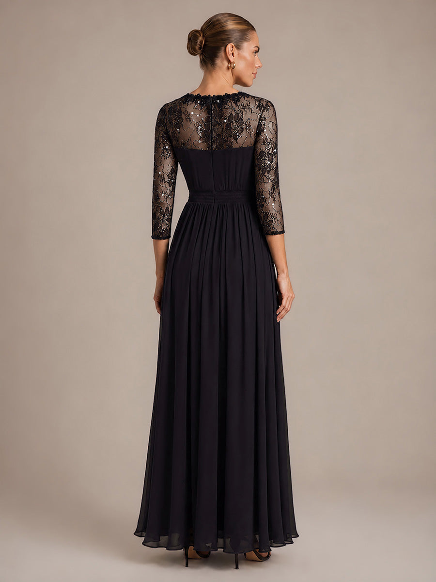 See-through Chiffon Fitted Sleeve Evening Dress #color_Black