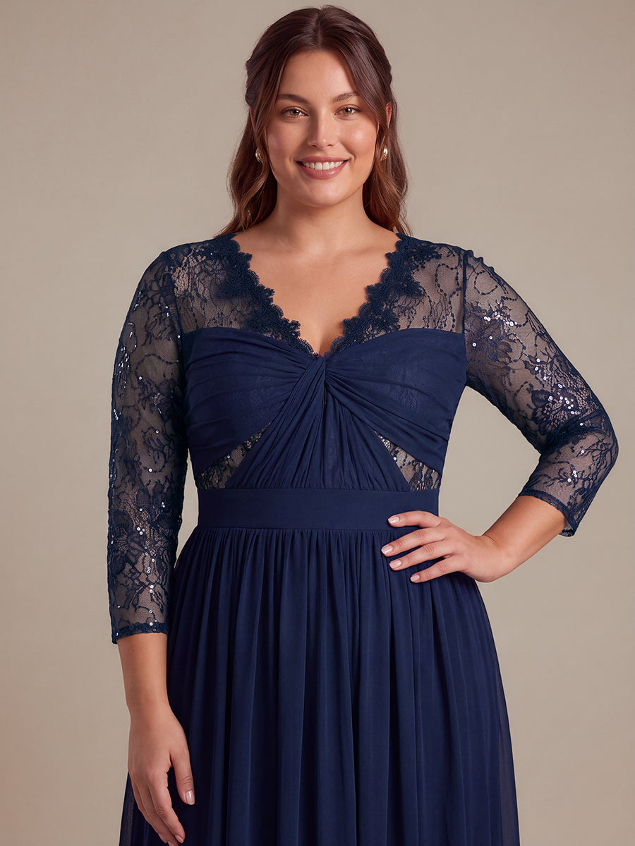 See-through Chiffon Fitted Sleeve Evening Dress #color_Navy Blue