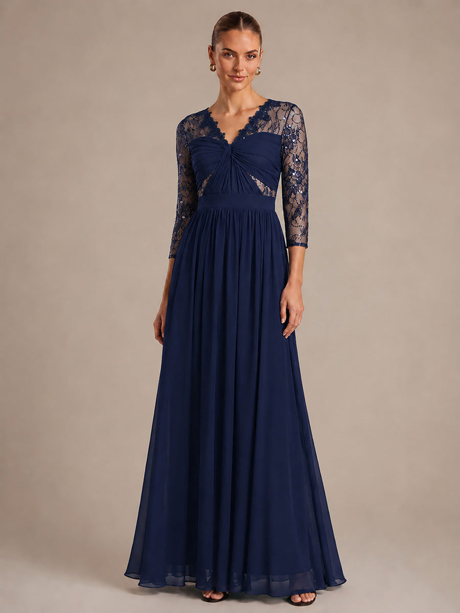 See-through Chiffon Fitted Sleeve Evening Dress #color_Navy Blue