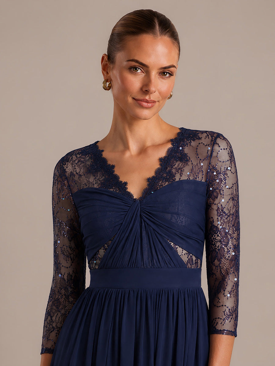 See-through Chiffon Fitted Sleeve Evening Dress #color_Navy Blue