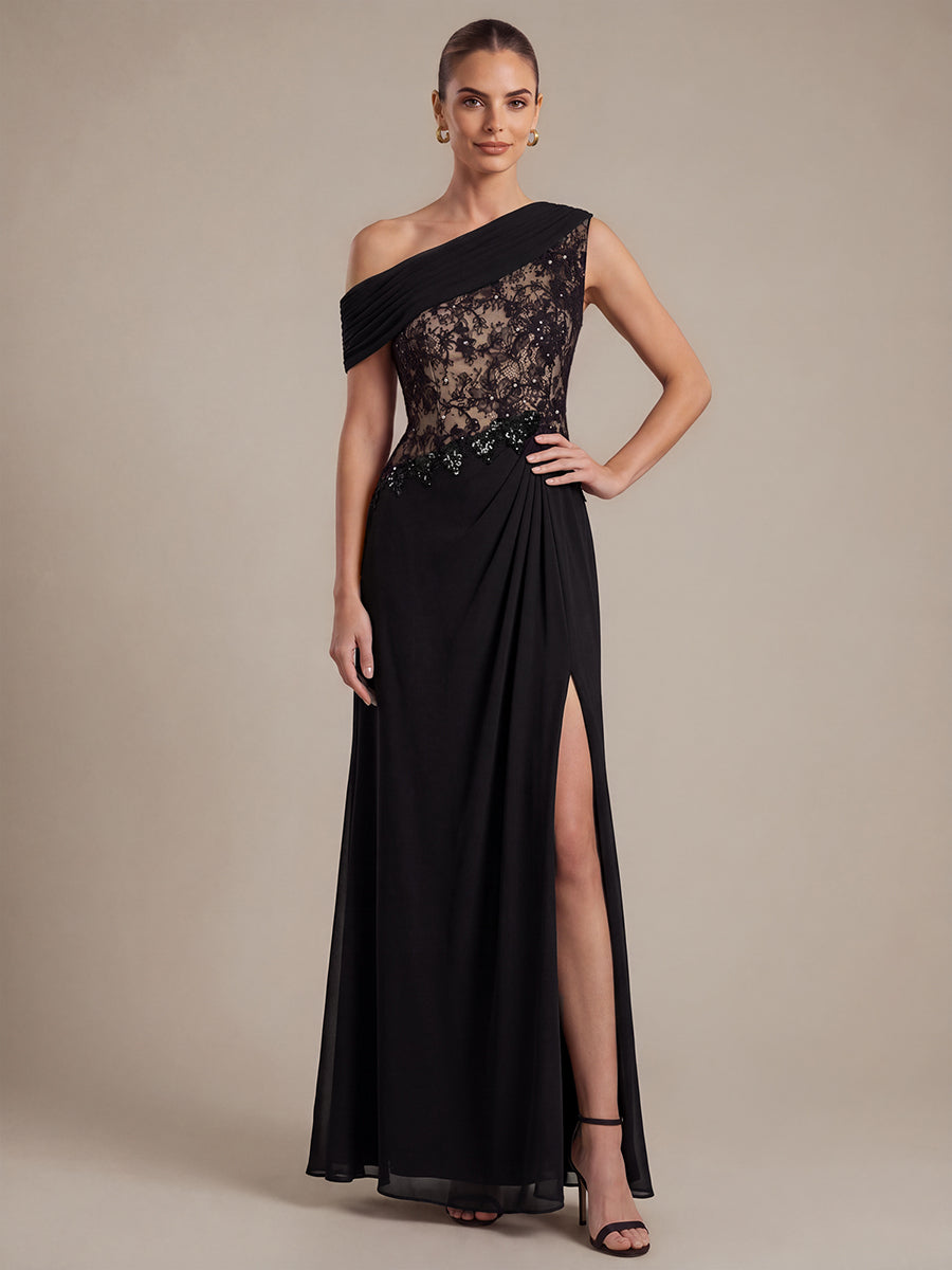 See-through Lace-Chiffon Sleeveless Evening Dress #color_Black