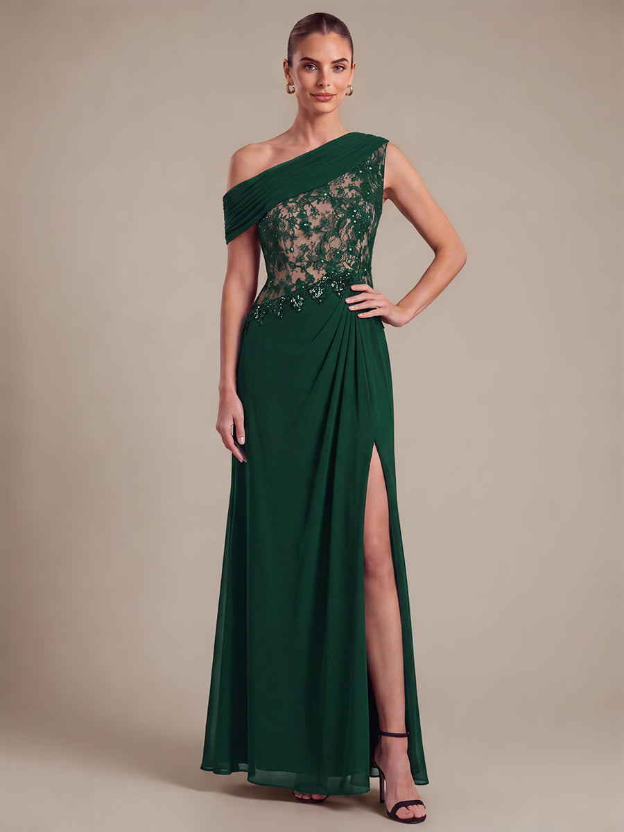 See-through Lace-Chiffon Sleeveless Evening Dress #color_Dark Green