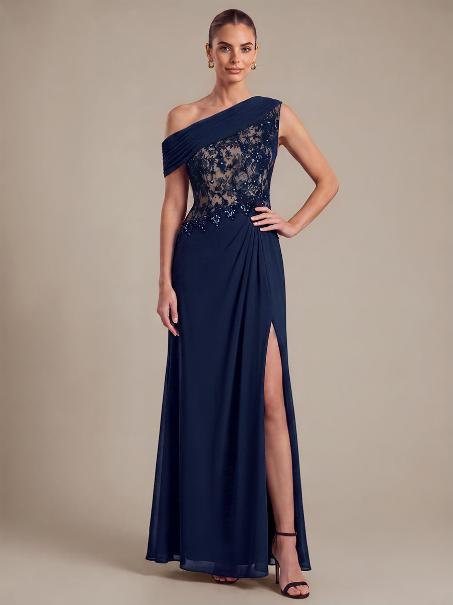 See-through Lace-Chiffon Sleeveless Evening Dress #color_Navy Blue
