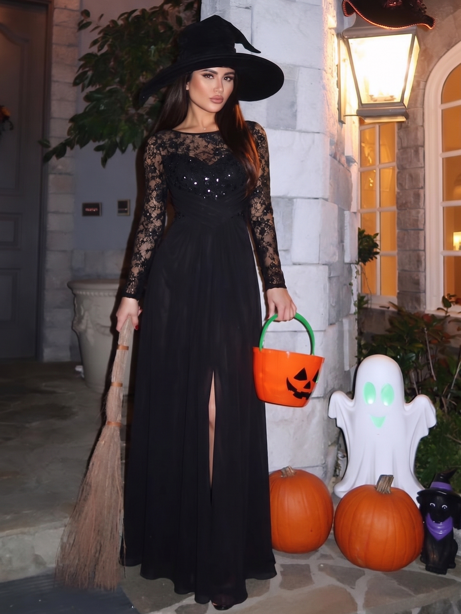 Chiffon Maxi Length Round neckline A-line Fitted Sleeve Back zipper Slight Stretch Dress #color_Black