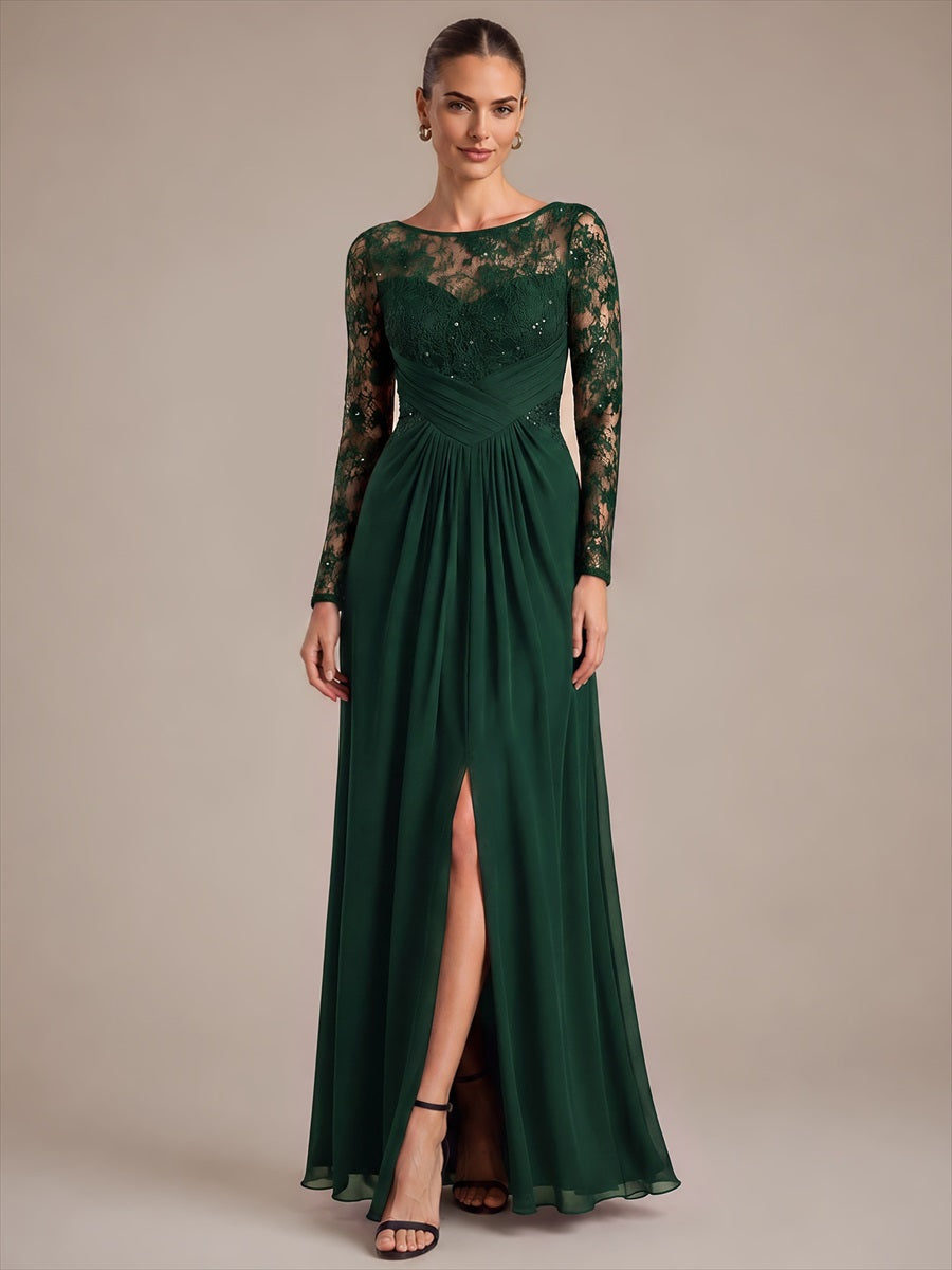 Chiffon Maxi Length Round neckline A-line Fitted Sleeve Back zipper Slight Stretch Dress #color_Dark Green