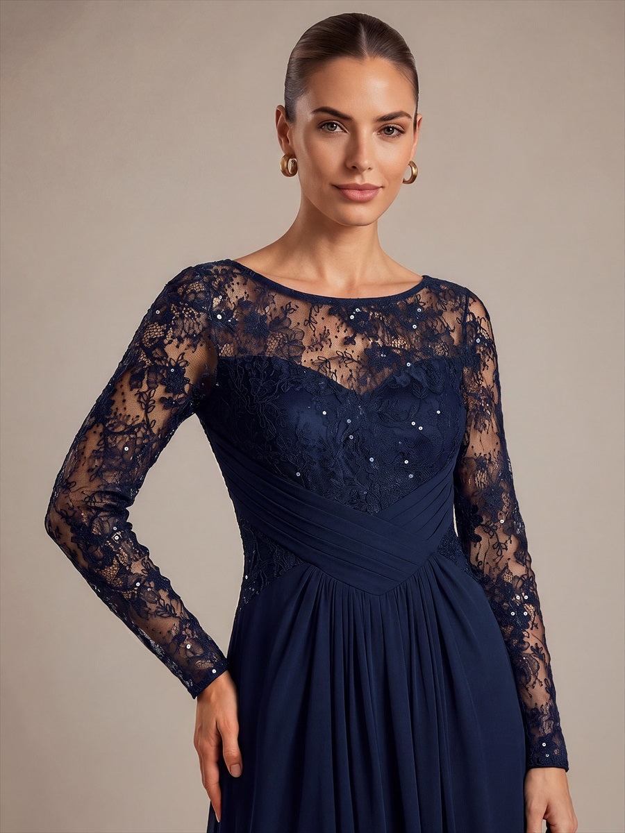 Chiffon Maxi Length Round neckline A-line Fitted Sleeve Back zipper Slight Stretch Dress #color_Navy Blue