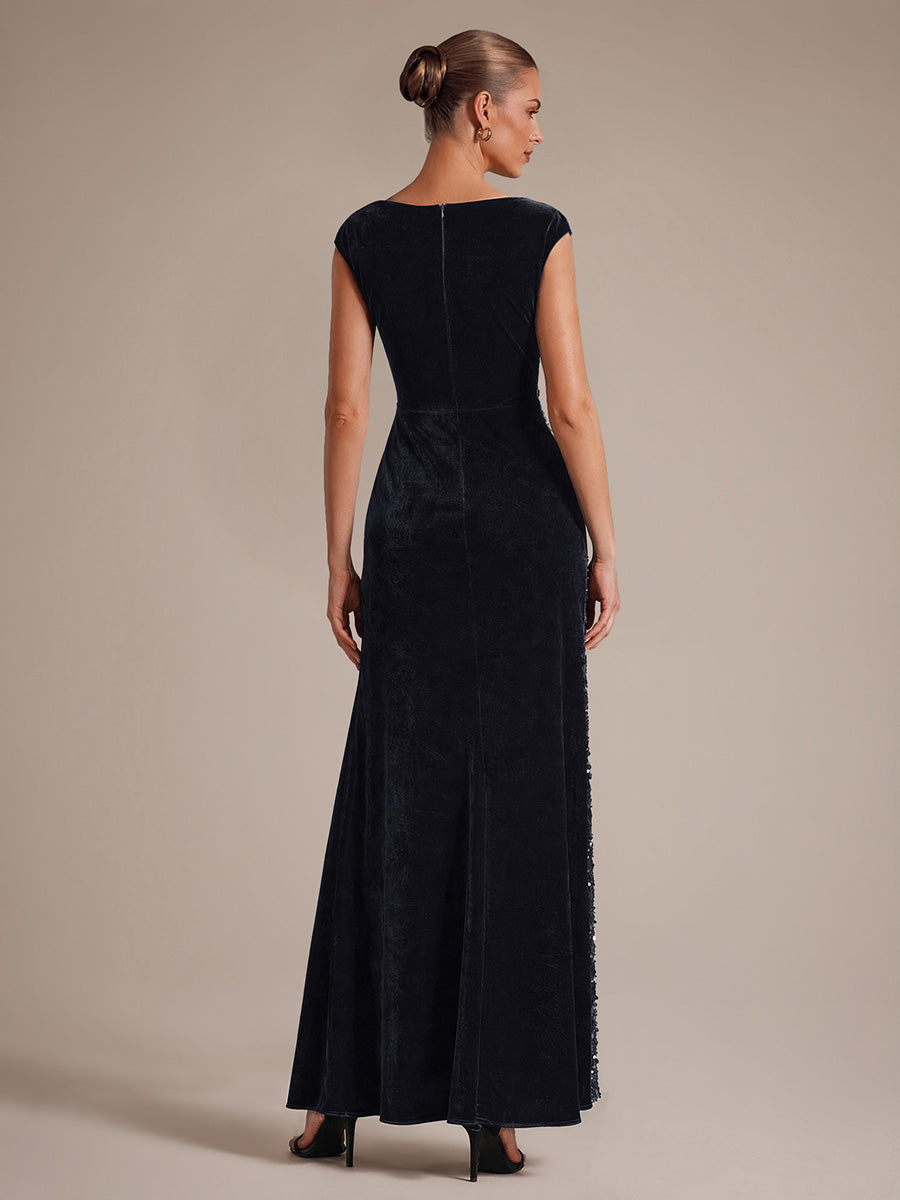 Sequin Slit Velvet Cap Sleeve Evening Dress #color_Black