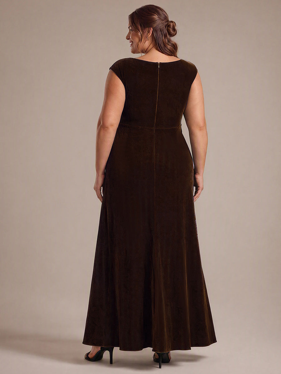 Sequin Slit Velvet Cap Sleeve Evening Dress #color_Chocolate Brown