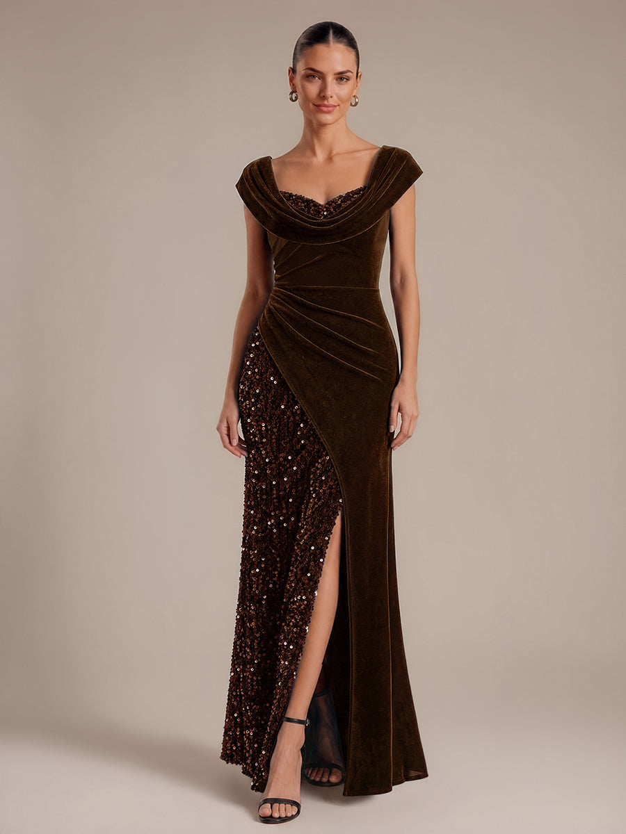 Sequin Slit Velvet Cap Sleeve Evening Dress #color_Chocolate Brown