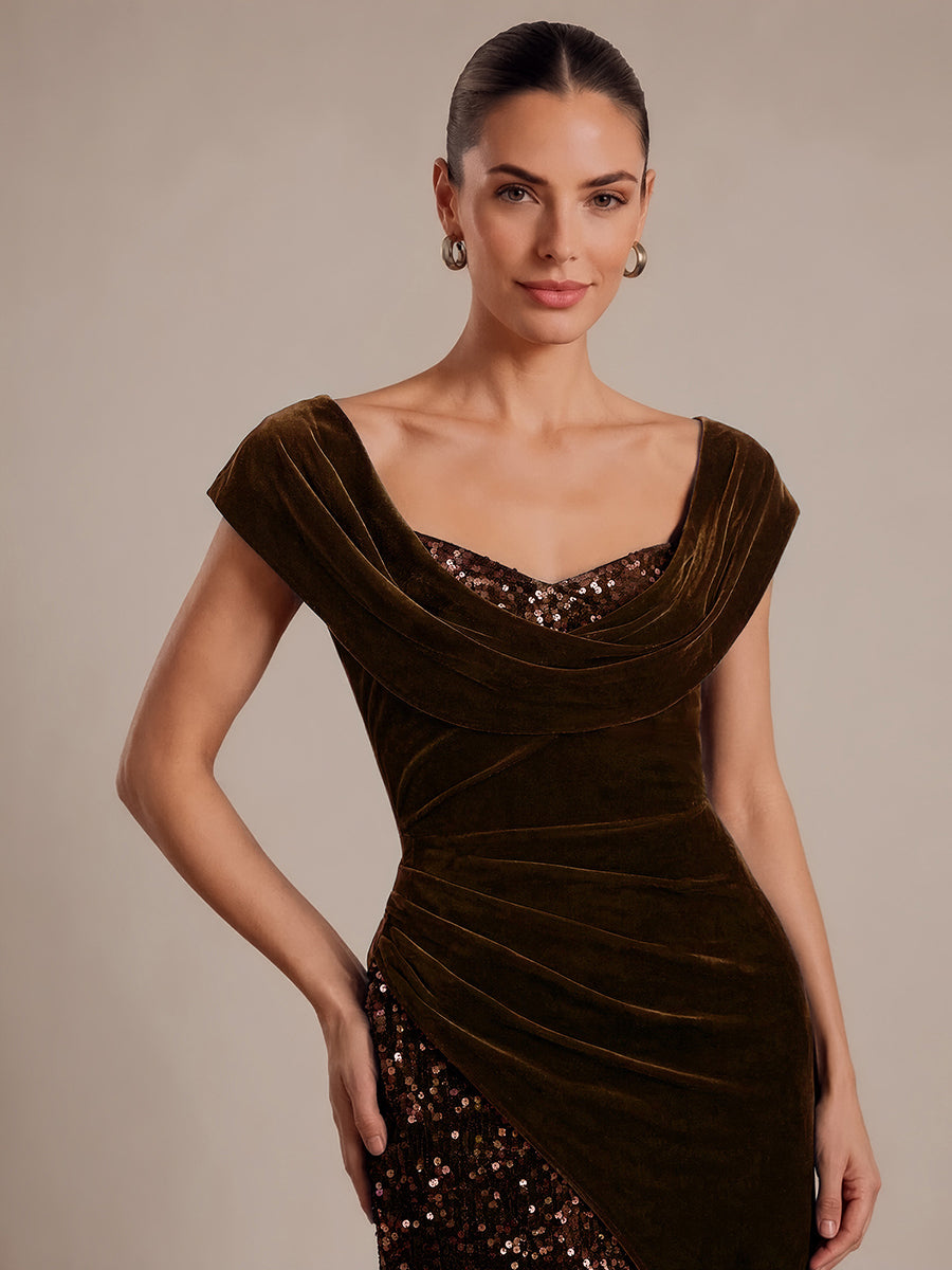 Sequin Slit Velvet Cap Sleeve Evening Dress #color_Chocolate Brown