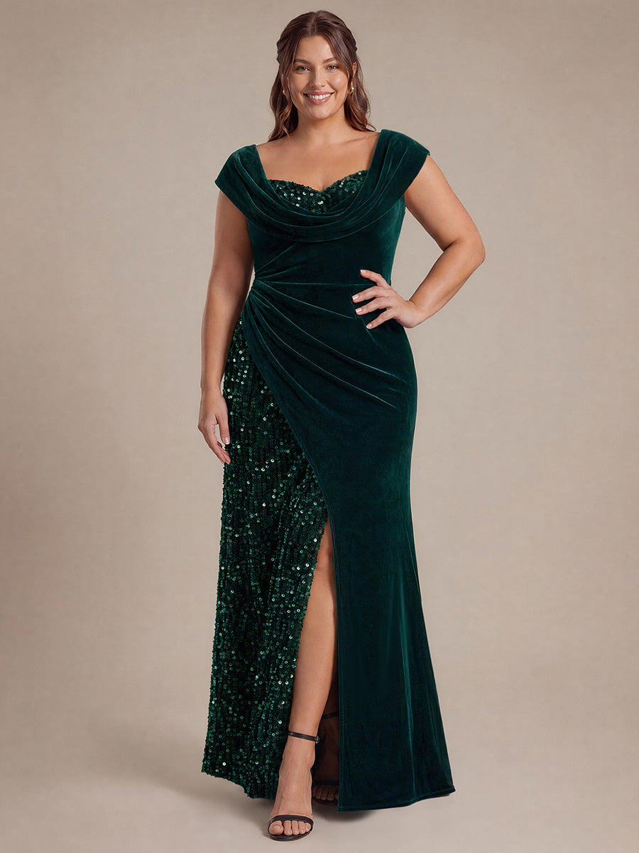 Sequin Slit Velvet Cap Sleeve Evening Dress #color_Dark Green