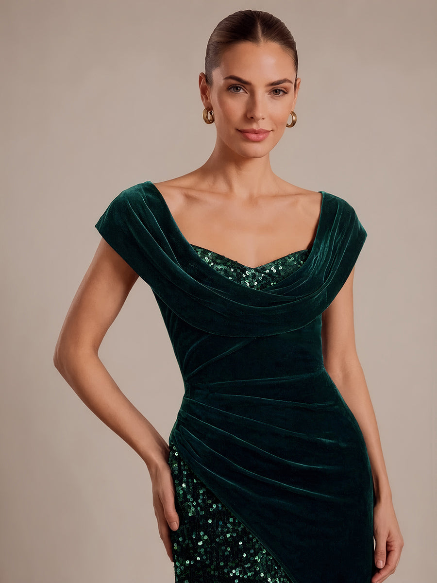 Sequin Slit Velvet Cap Sleeve Evening Dress #color_Dark Green