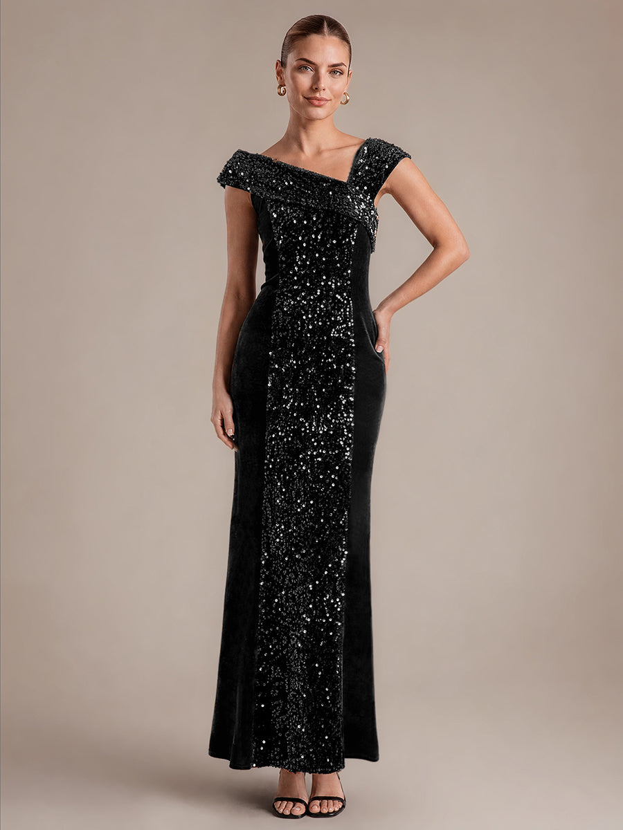 Sequin Velvet Cap Sleeve Evening Dress #color_Black