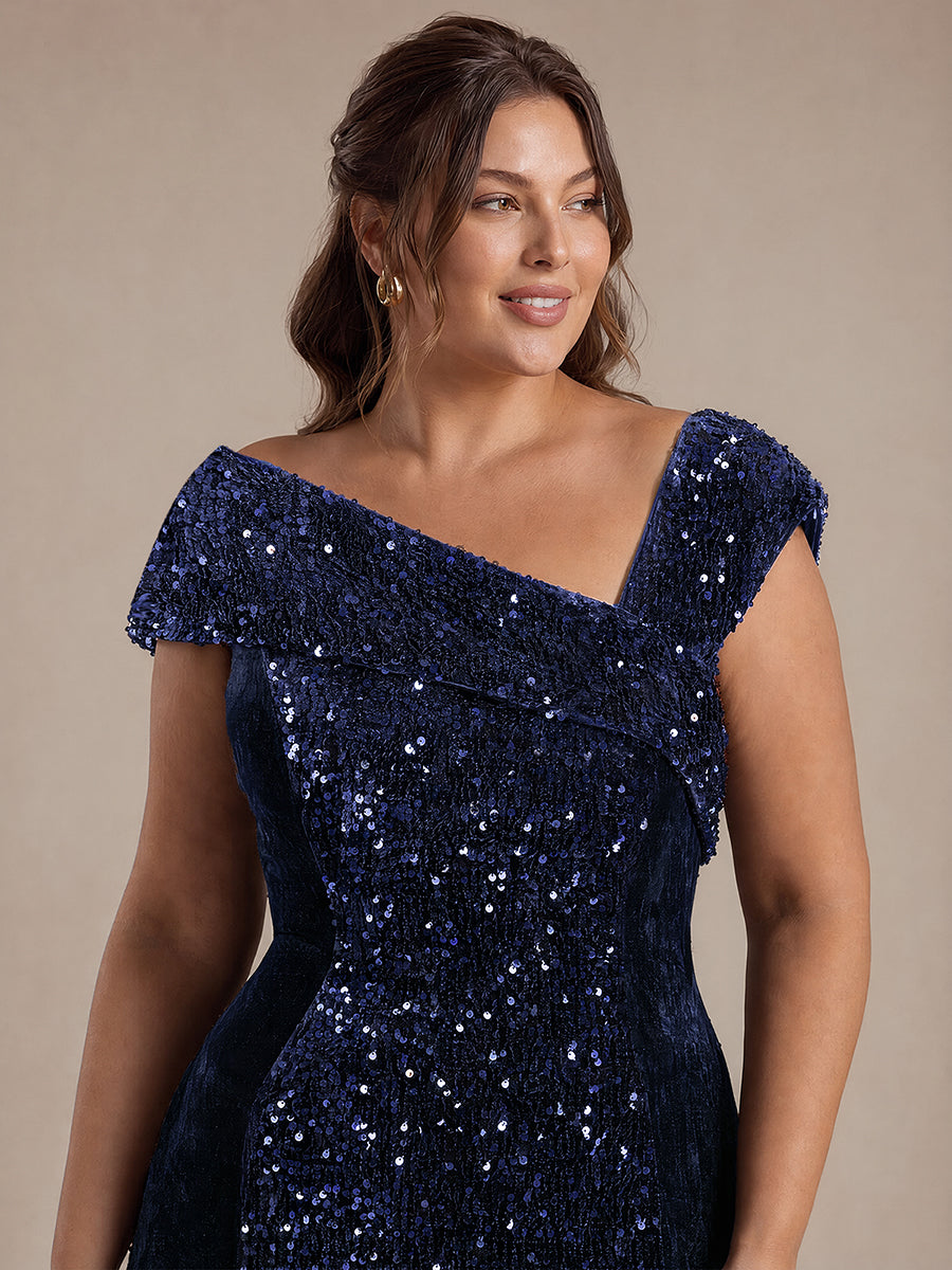 Sequin Velvet Cap Sleeve Evening Dress #color_Navy Blue